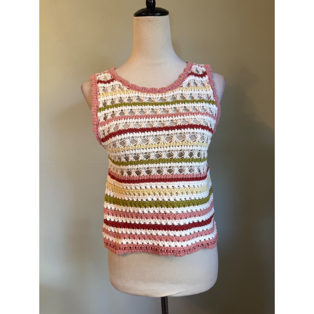 Medium Crochet Knit Striped Tank Top Pink Green Cotton boho whimsi cottage Y2K r